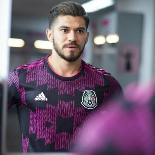 man wearing Official Adidas Mexico Long Sleeve Home Jersey 2018 an dlooking into mirrior