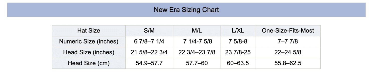 New Era Baseball Dodgers Orchid 9Fifty Cap size chart